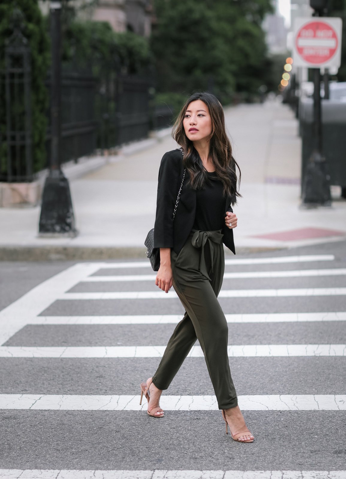 black blazer olive drape pants petite Boston street style