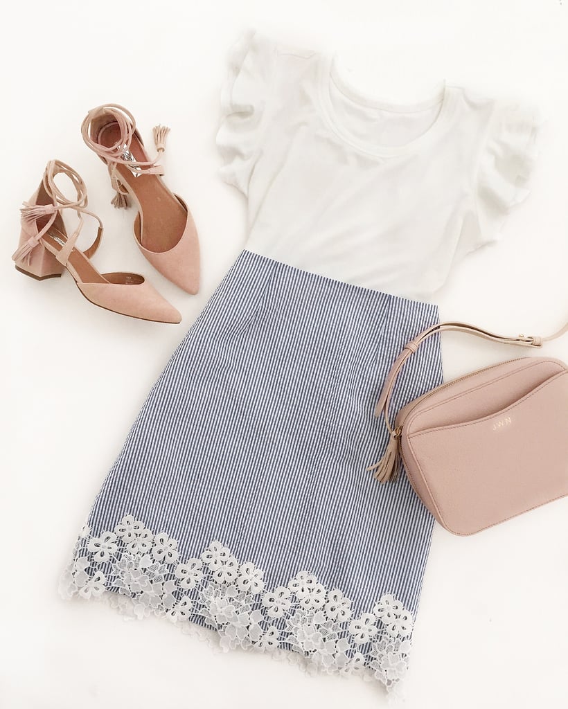 cute summer work outfits seersucker floral lace skirt
