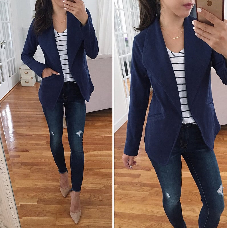 cotton knit navy blazer petite fashion blog reviews