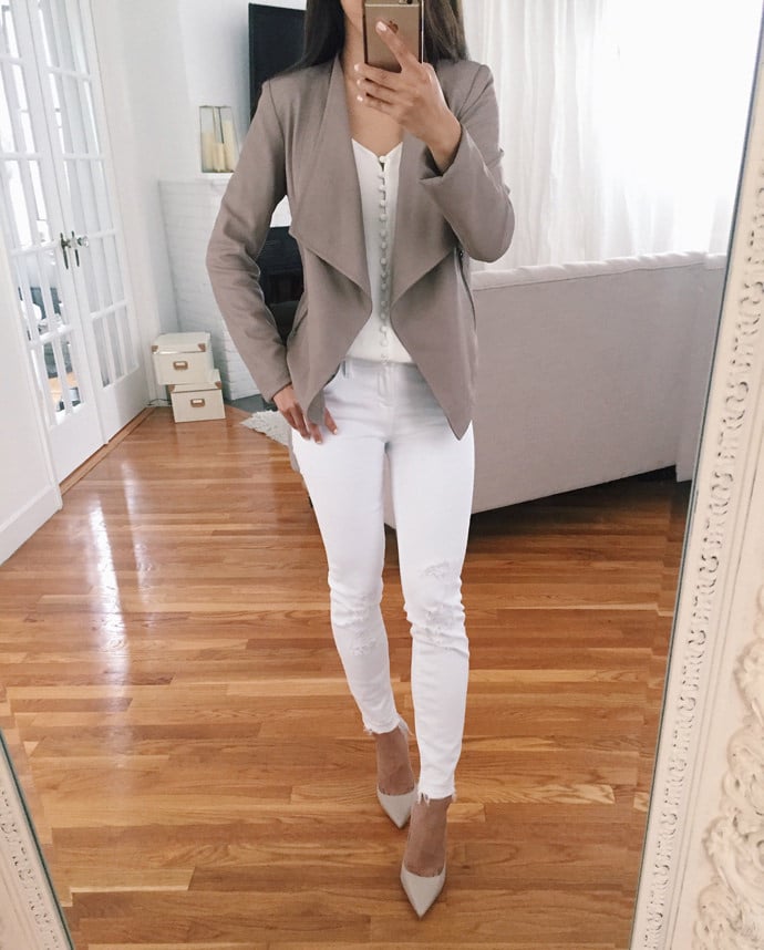 leather drape jacket white jeans outfit extra petite