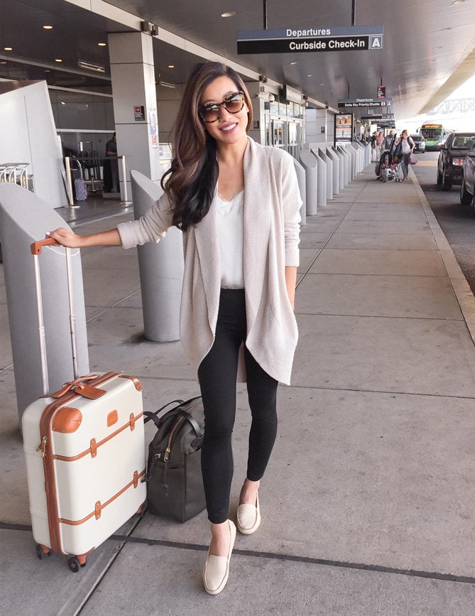 travel outfit airport casual style leggings cardigan