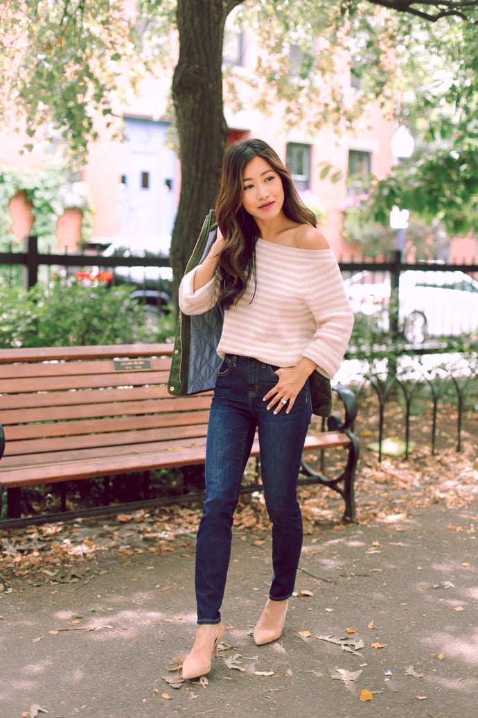 off shoulder striped sweater petite fall outfit ideas