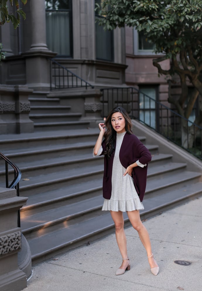 casual fall outfit swing dress cardigan sweater express petites