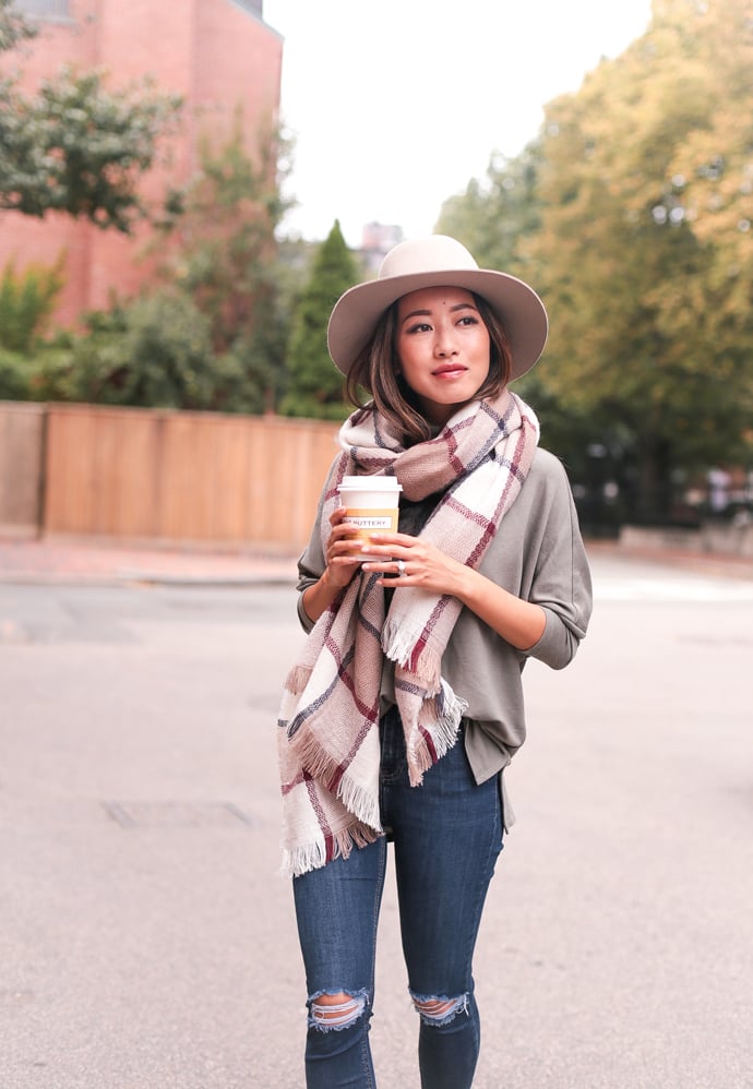 cute fall casual outfits plaid scarf wool hat petite tunic