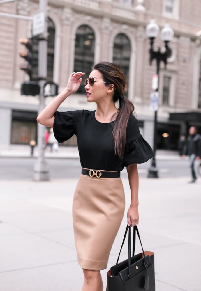 black petite top hermes belt pencil skirt dressy fall outfit
