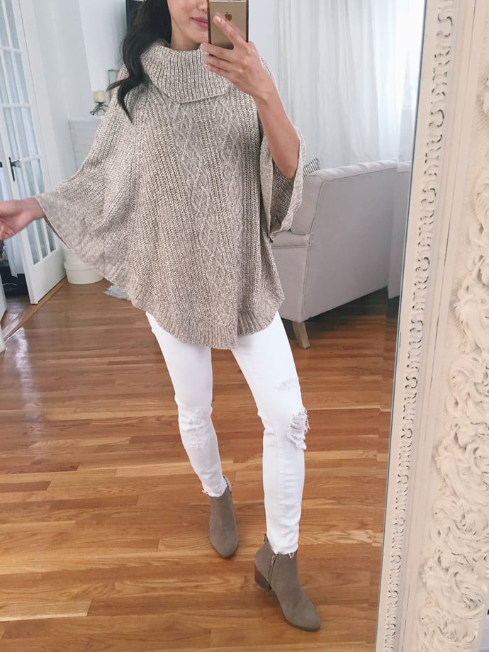 The poncho sweater can instantly up the polished factor when thrown over the simplest base outfits! See how Boston style blogger, Extra Petite styles it.