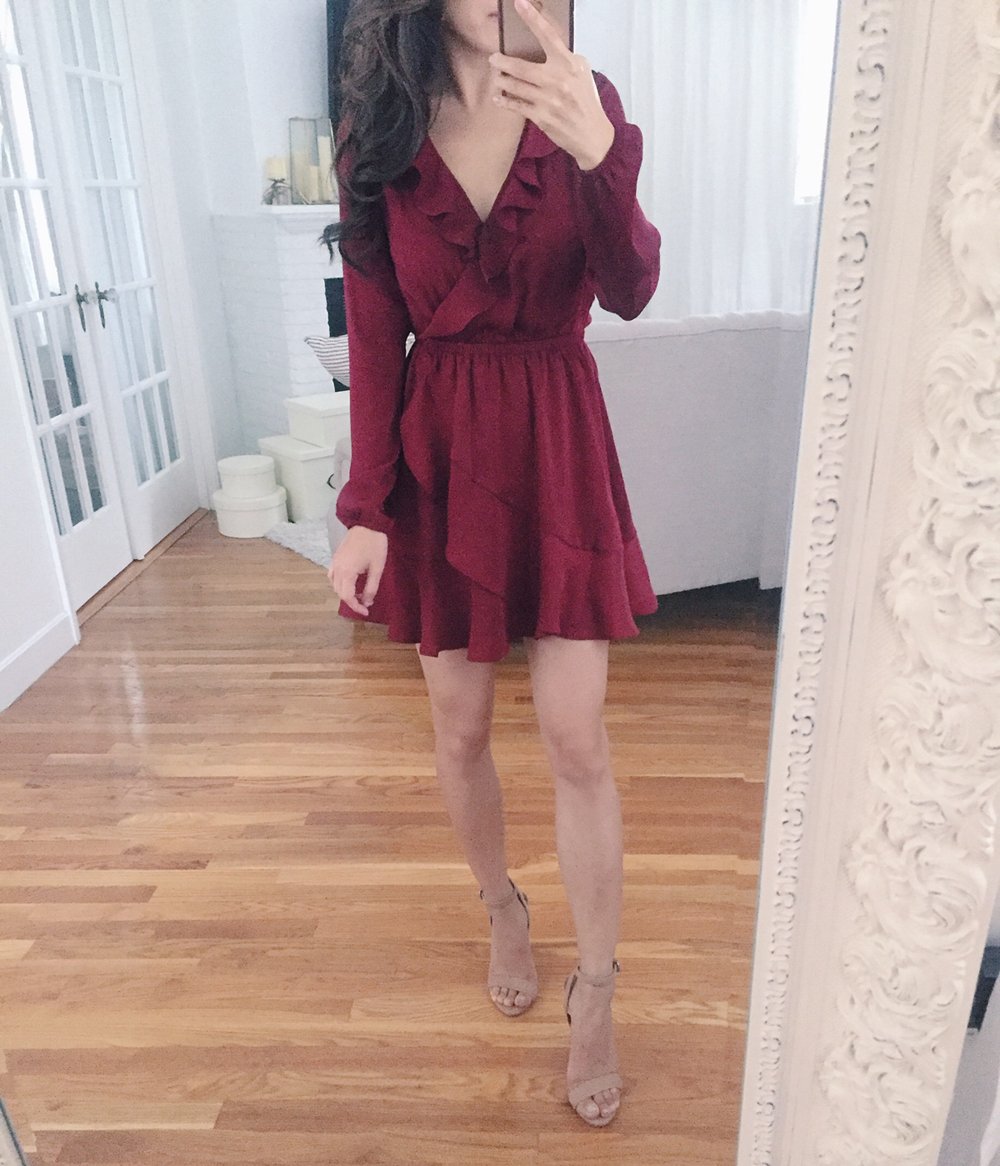 burgundy red flare dress christmas party outfit