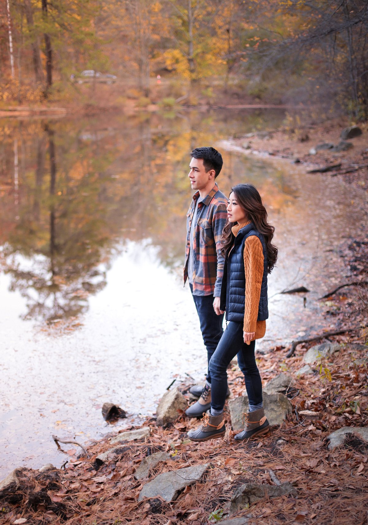 fall outdoors engagement couple photos his and hers outfits