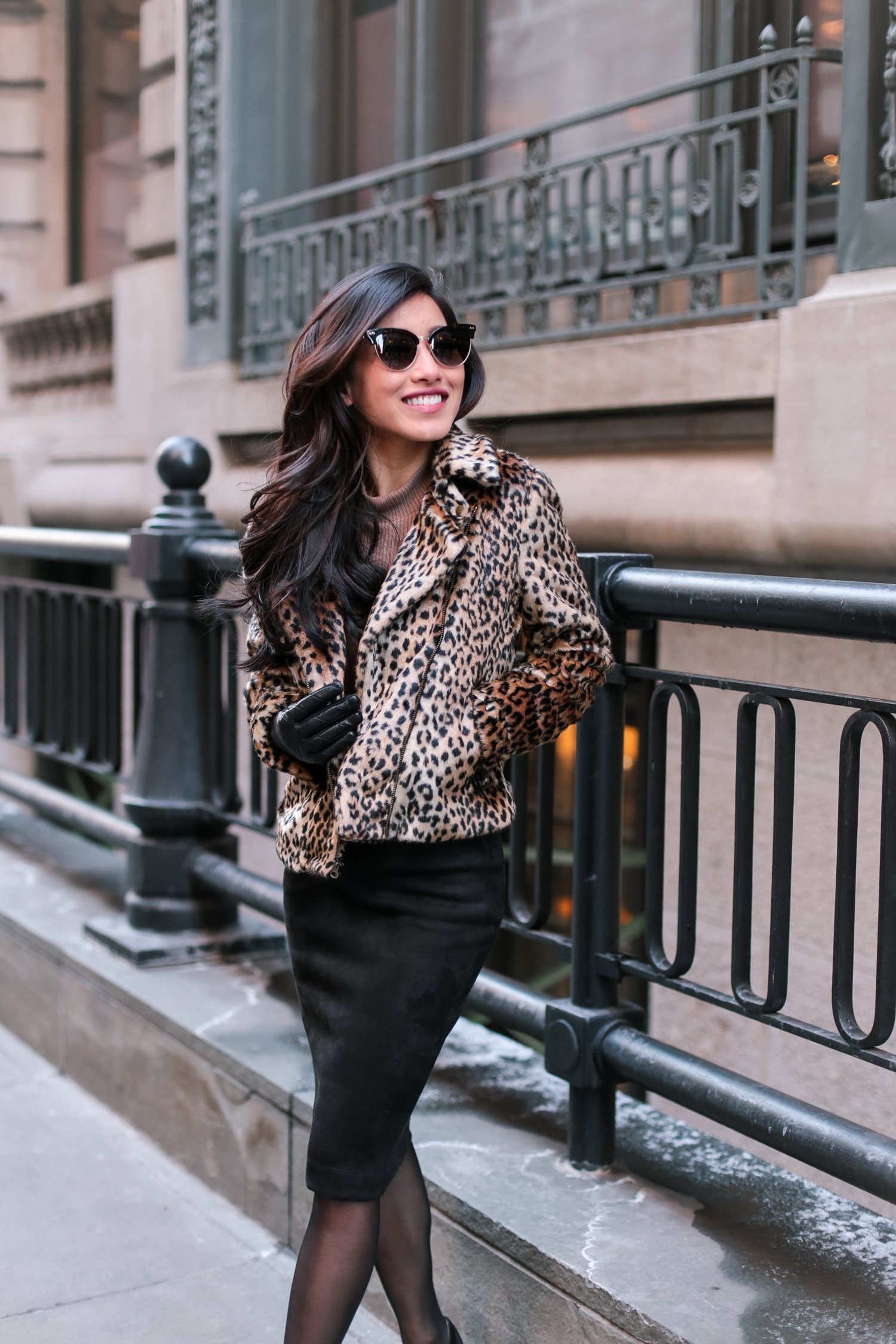 faux fur cropped moto jacket bcbg pencil skirt