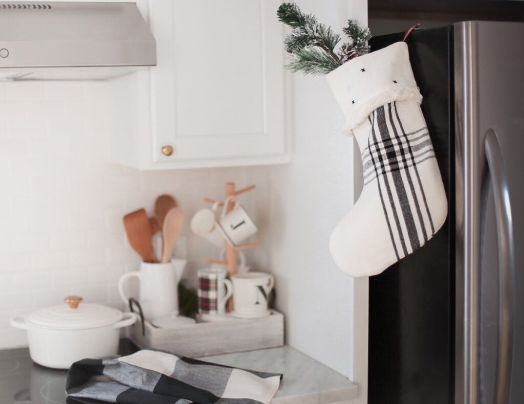 plaid christmas stocking_how to decorate your kitchen for the holidays
