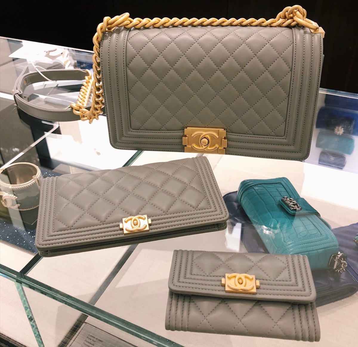 Chanel boy bag gray grey with gold hardware 2018