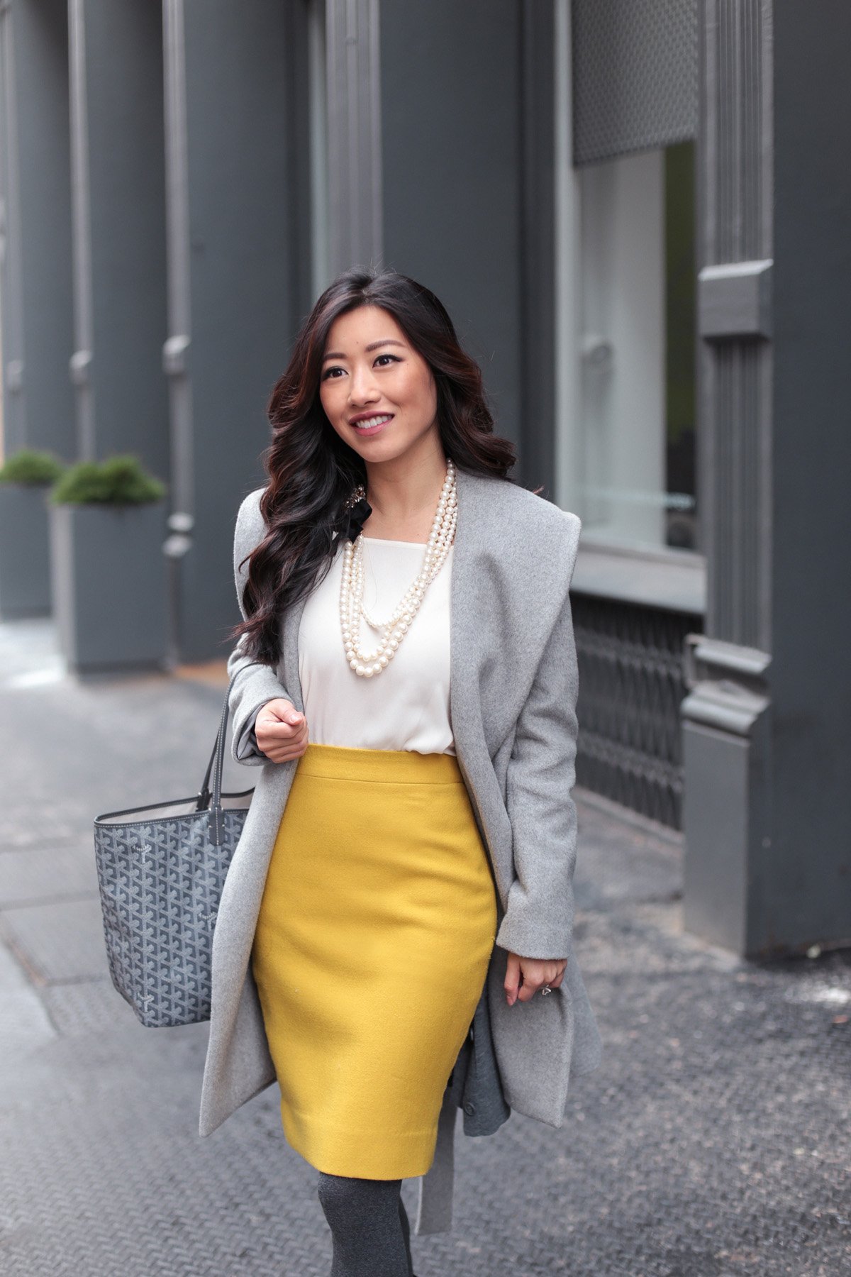 petite fashion blog_winter workwear gray coat mustard yellow pencil skirt