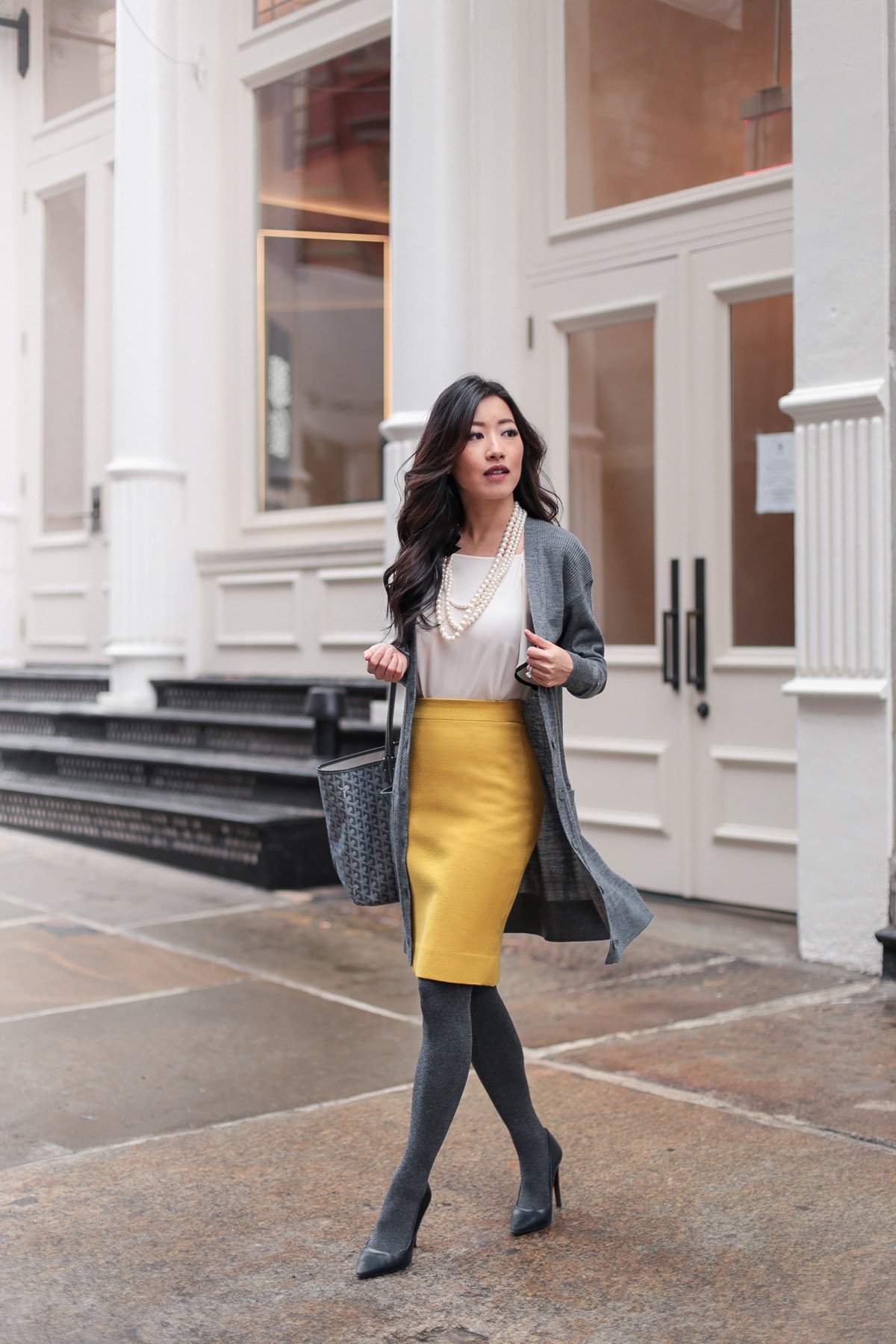 what to wear to work in the winter long cardigan pencil skirt