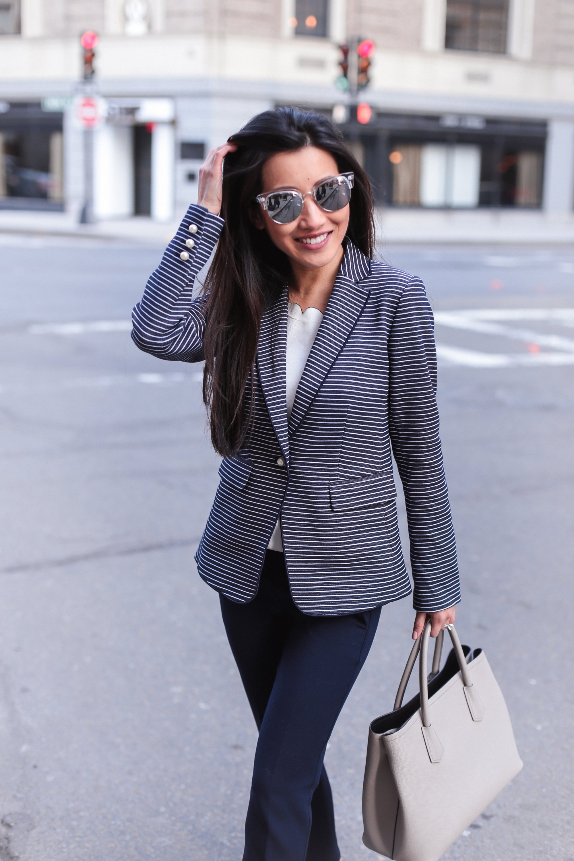 striped navy blazer petite work clothing