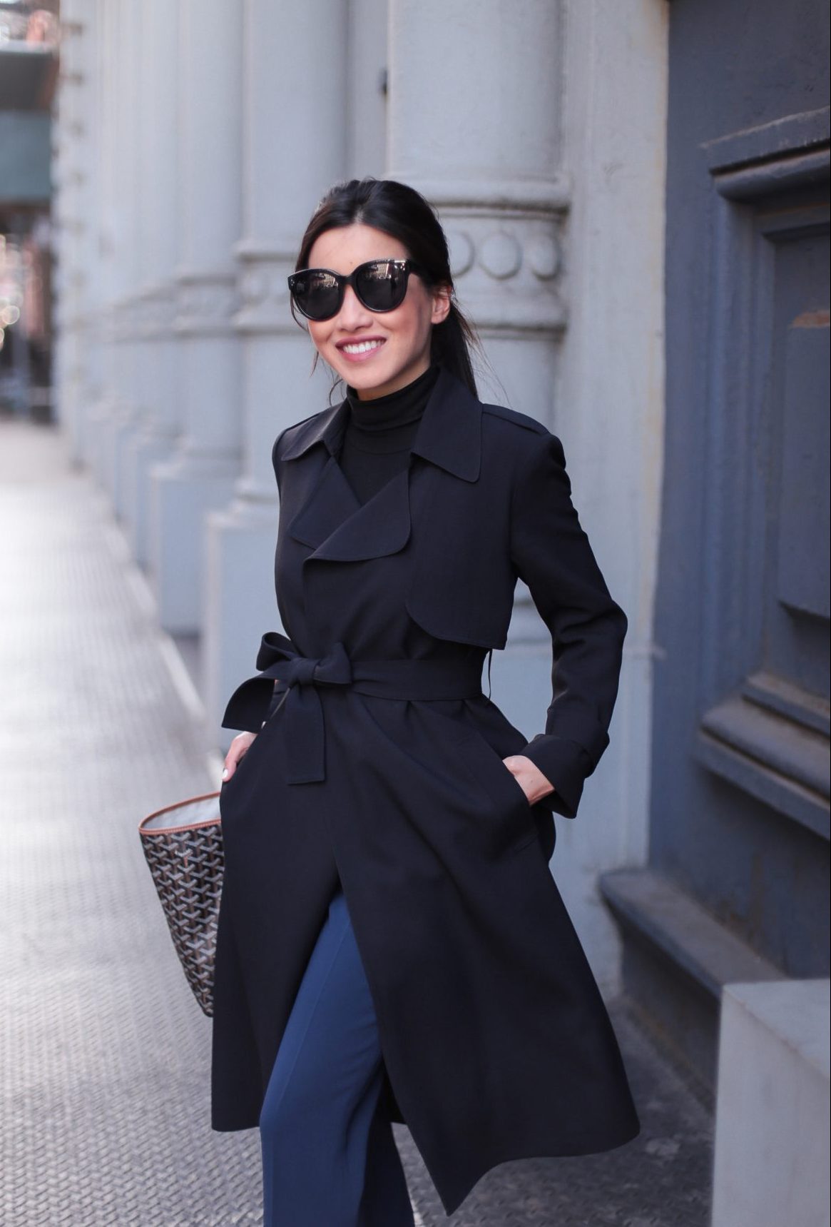 classic black trench coat petite celine audrey sunglasses