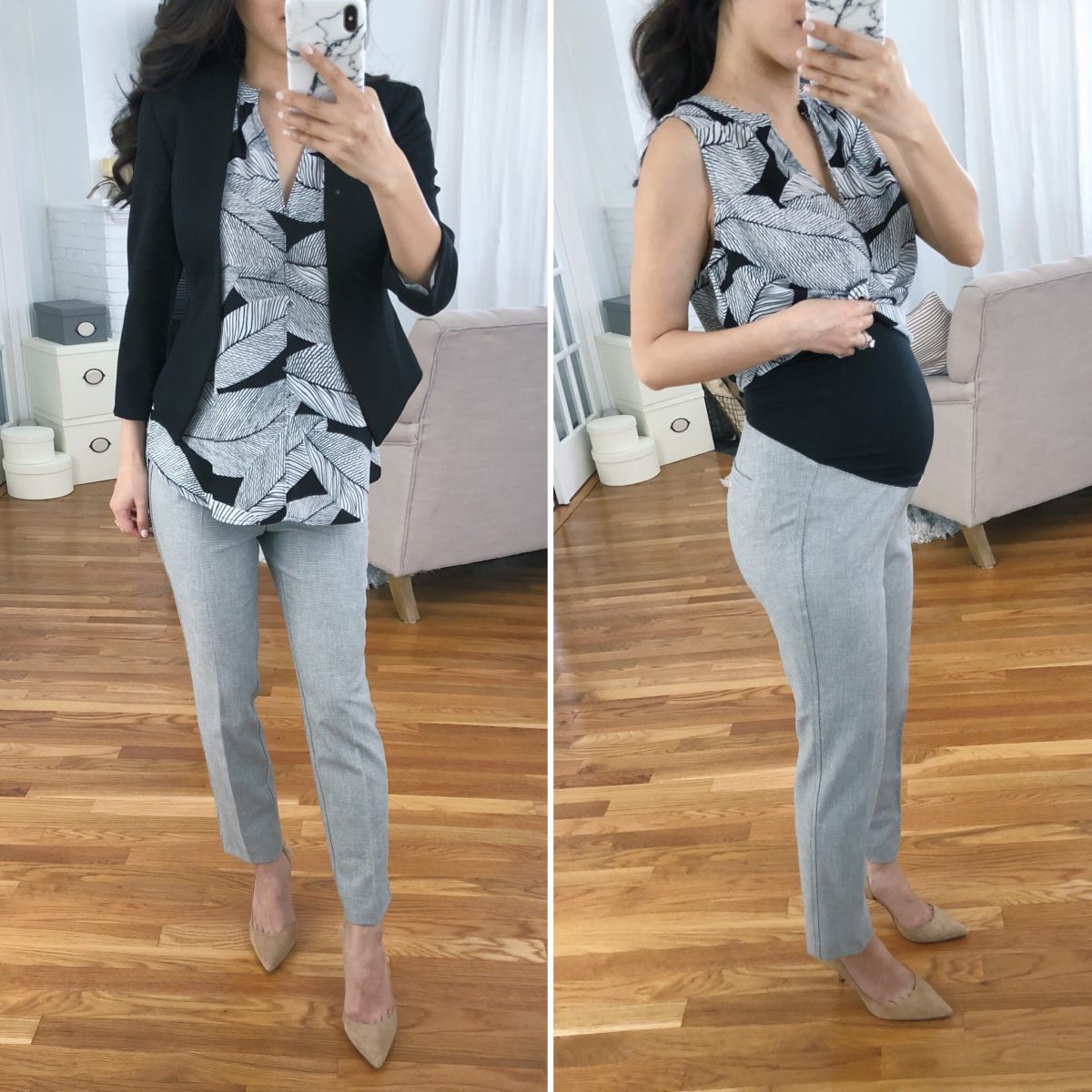 Are you pregnant and looking for work outfit ideas that hide a belly? Boston style blogger, Extra Petite shares stylish pregnancy outfits. 