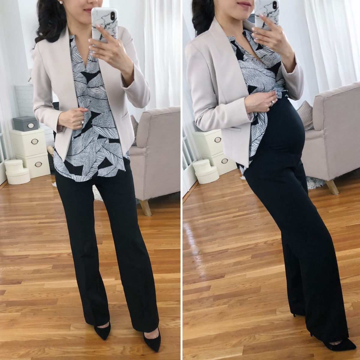 work outfits that hide a belly | maternity petite business pants