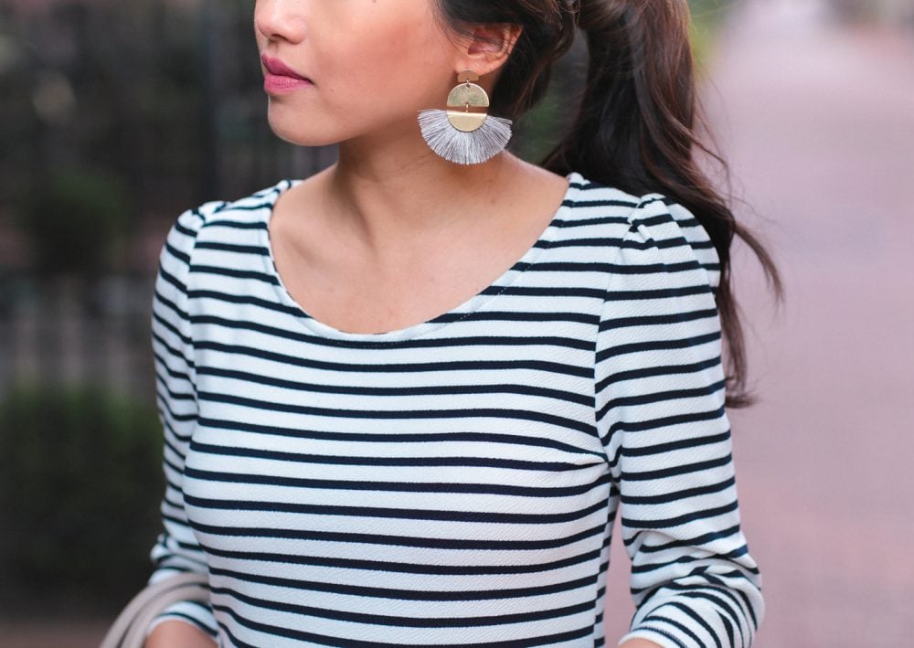 grey gold tassel fan earrings striped top