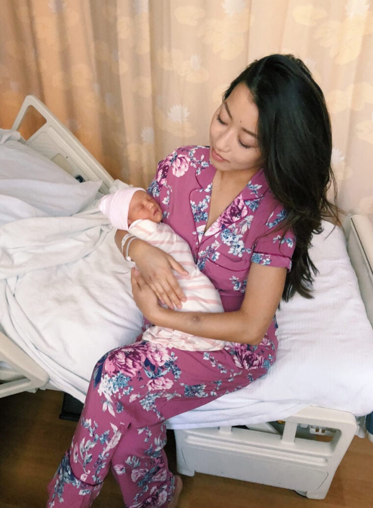 floral pajamas petite fashion birth hospital bag outfit