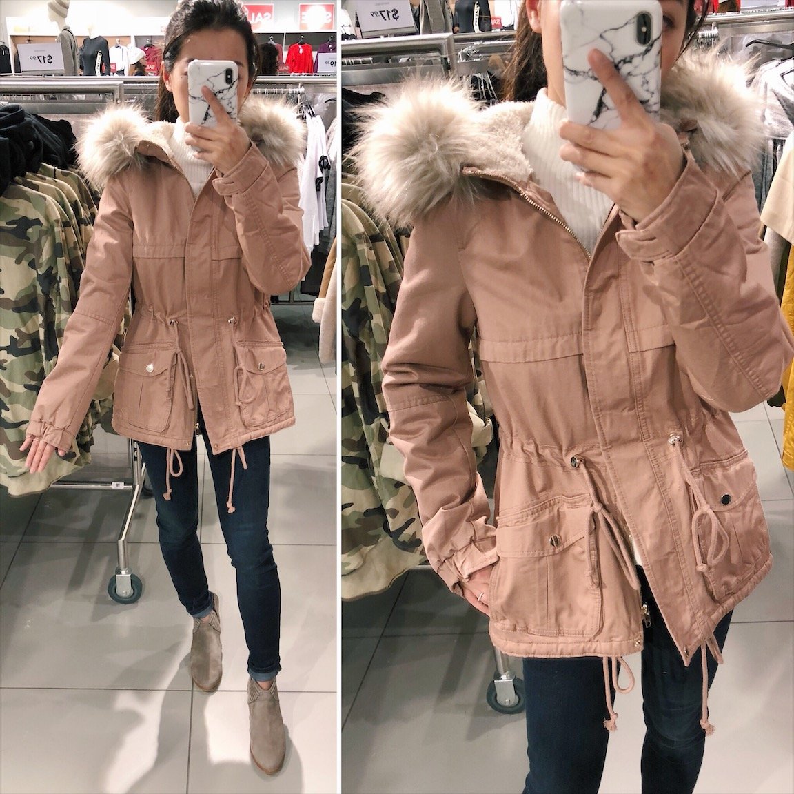 rose pink utility army jacket petite parka