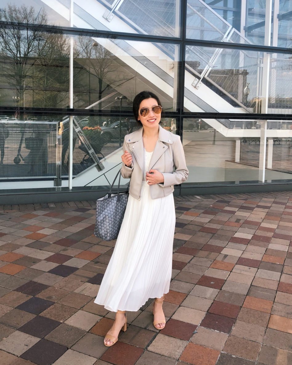 petite gray cropped leather jacket travel outfit ideas