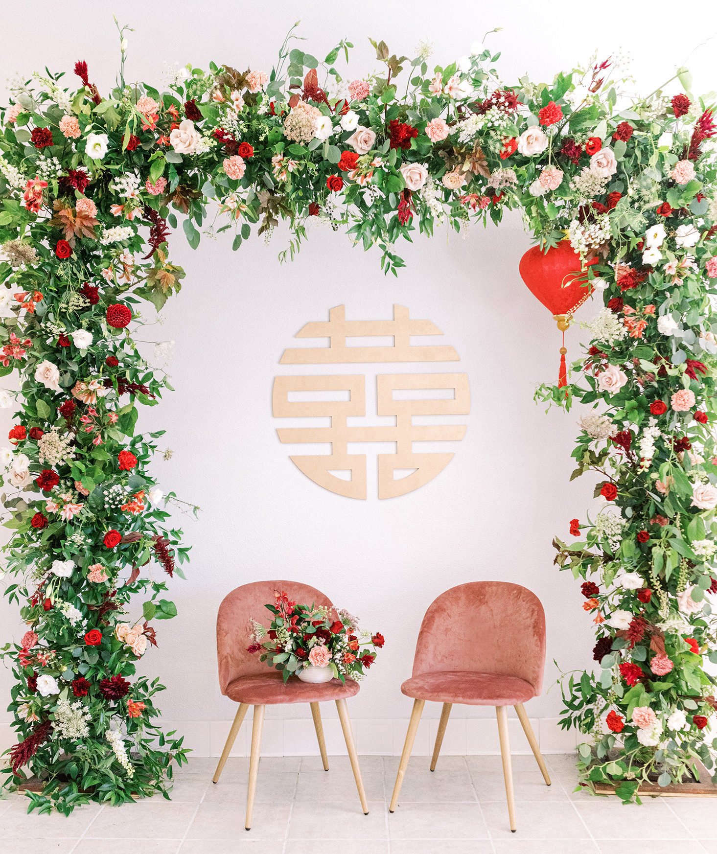 chinese wedding decor flower arch double happiness sign
