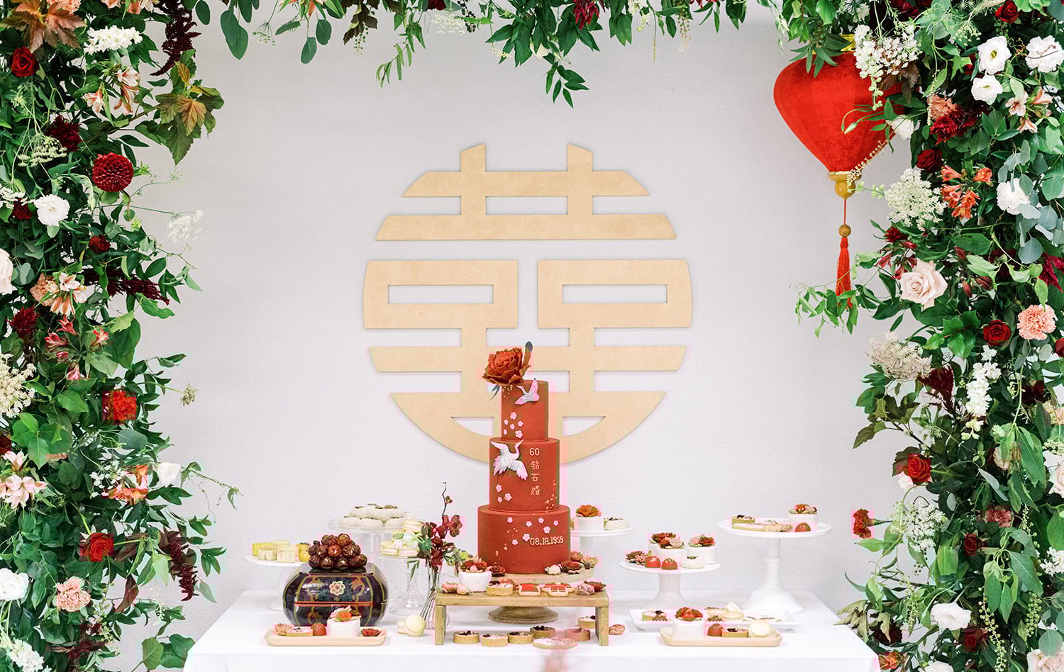 chinese wedding party red cake dessert table