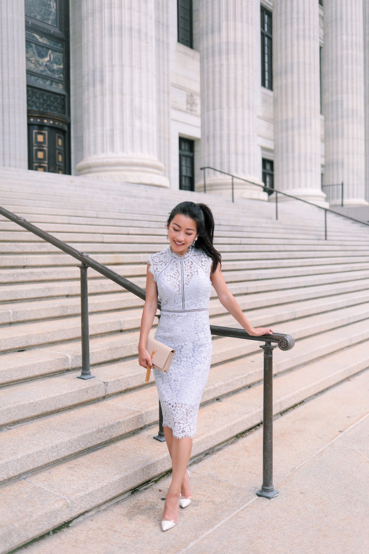 bardot blue lace dress mandarin collar wedding outfit