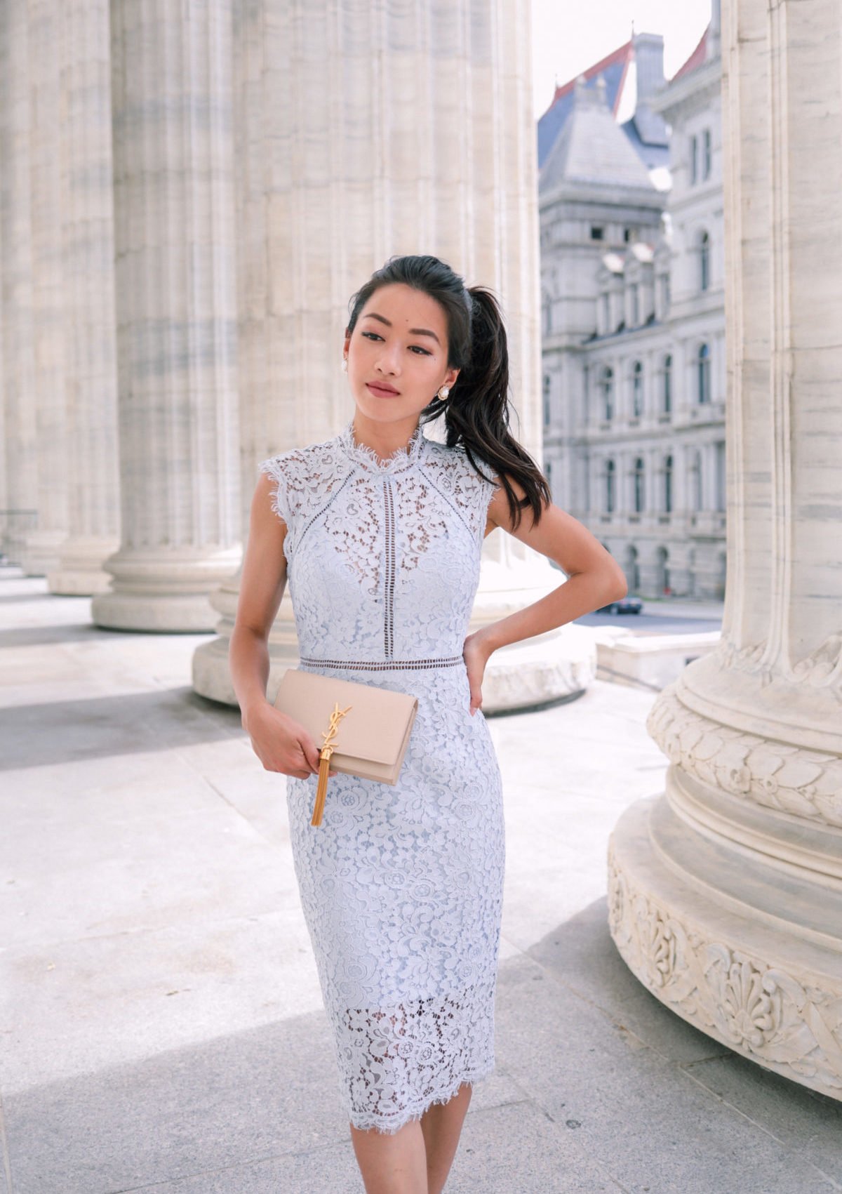 blue lace dress wedding guest outfit ysl clutch