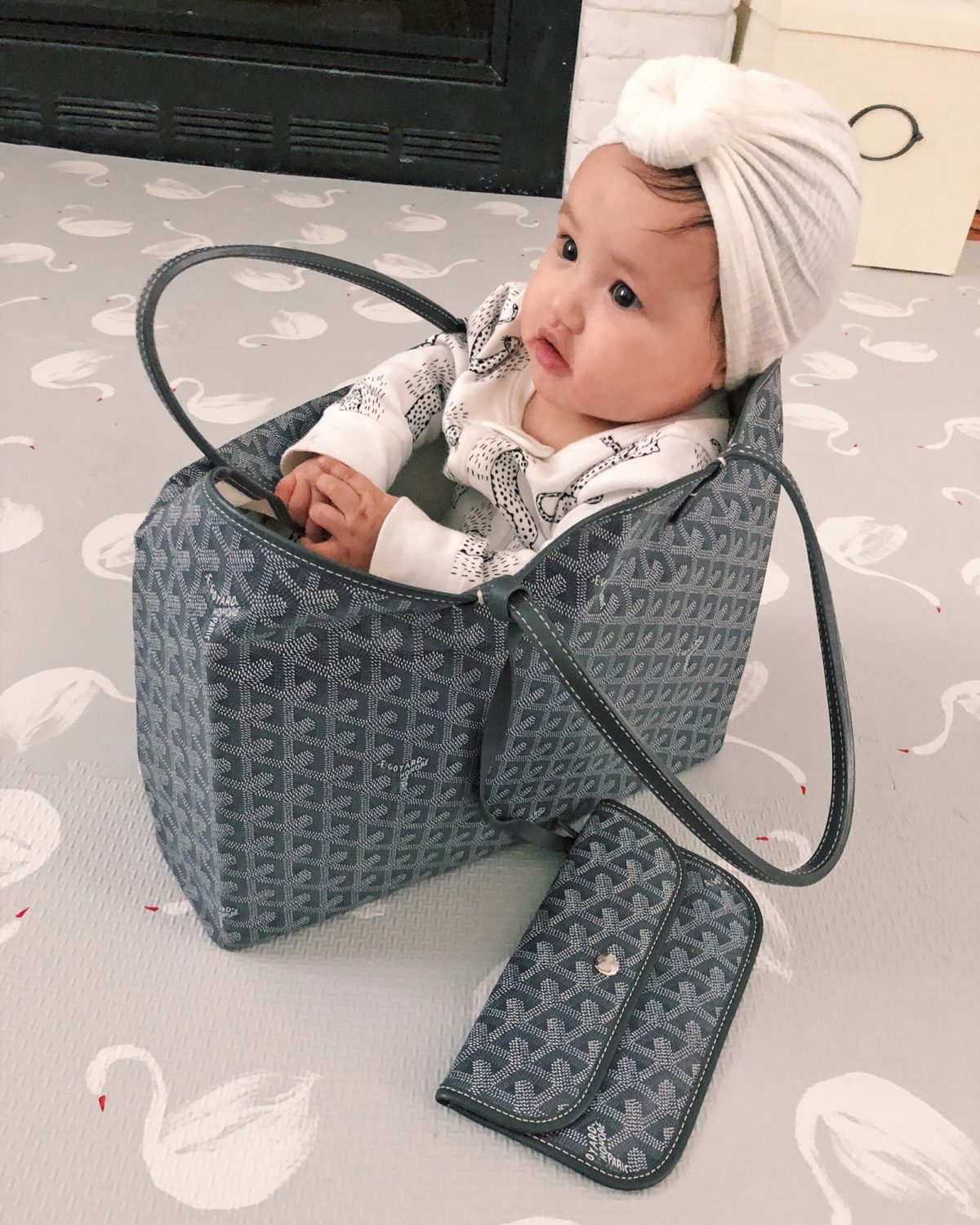 baby in a goyard st louis diaper bag