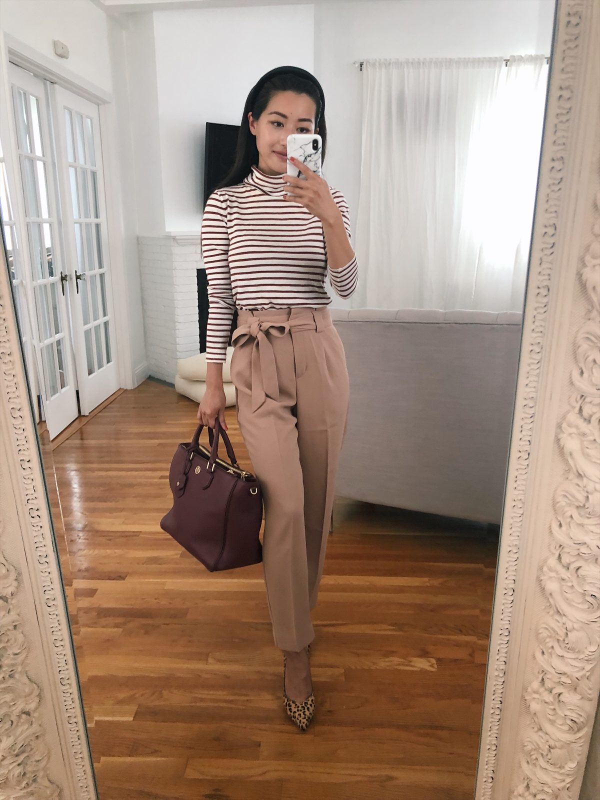 camel tie waist pants petite workwear outfit ideas