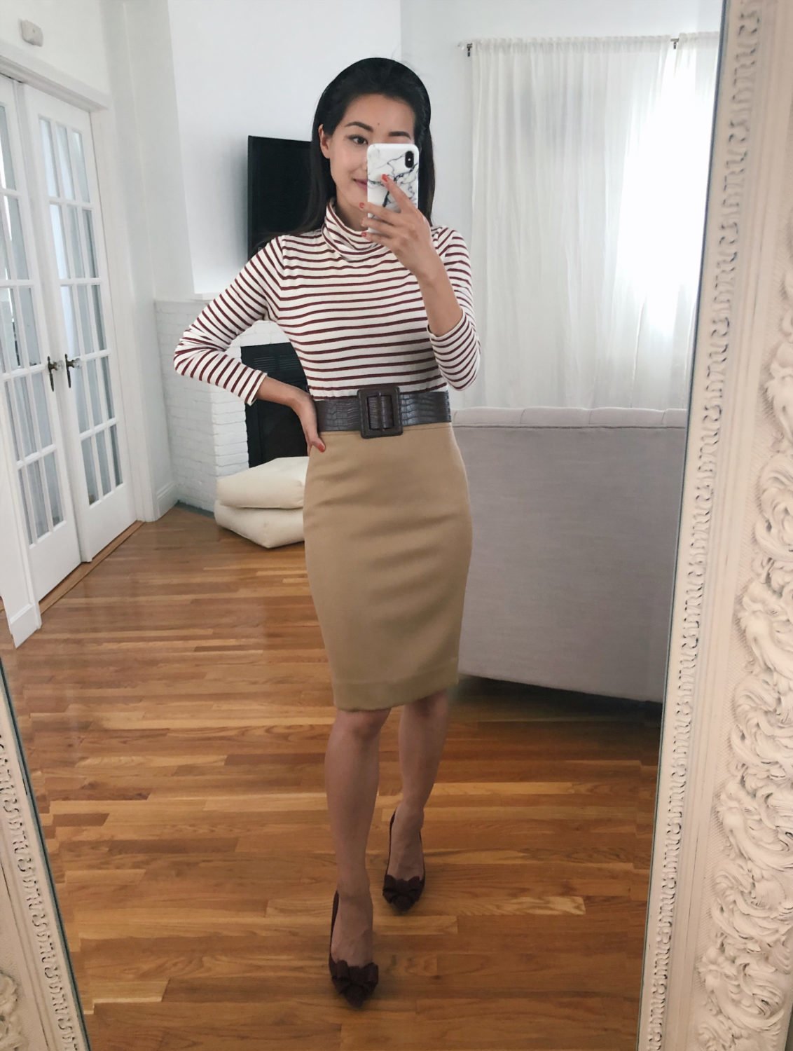 j.crew camel wool pencil skirt petites outfit