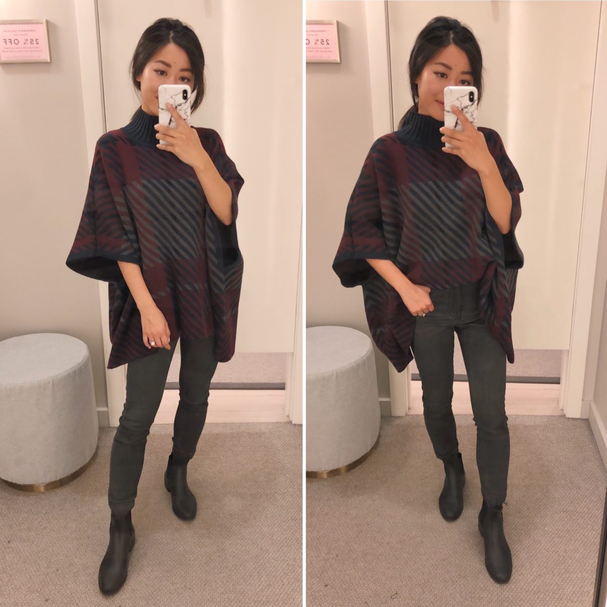 how to style a petite plaid poncho sweater try on