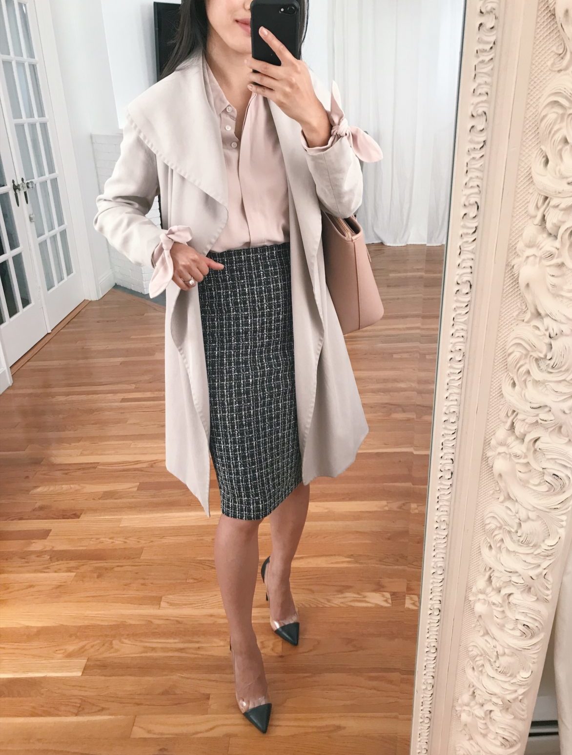 drape trench coat petite everlane silk blouse