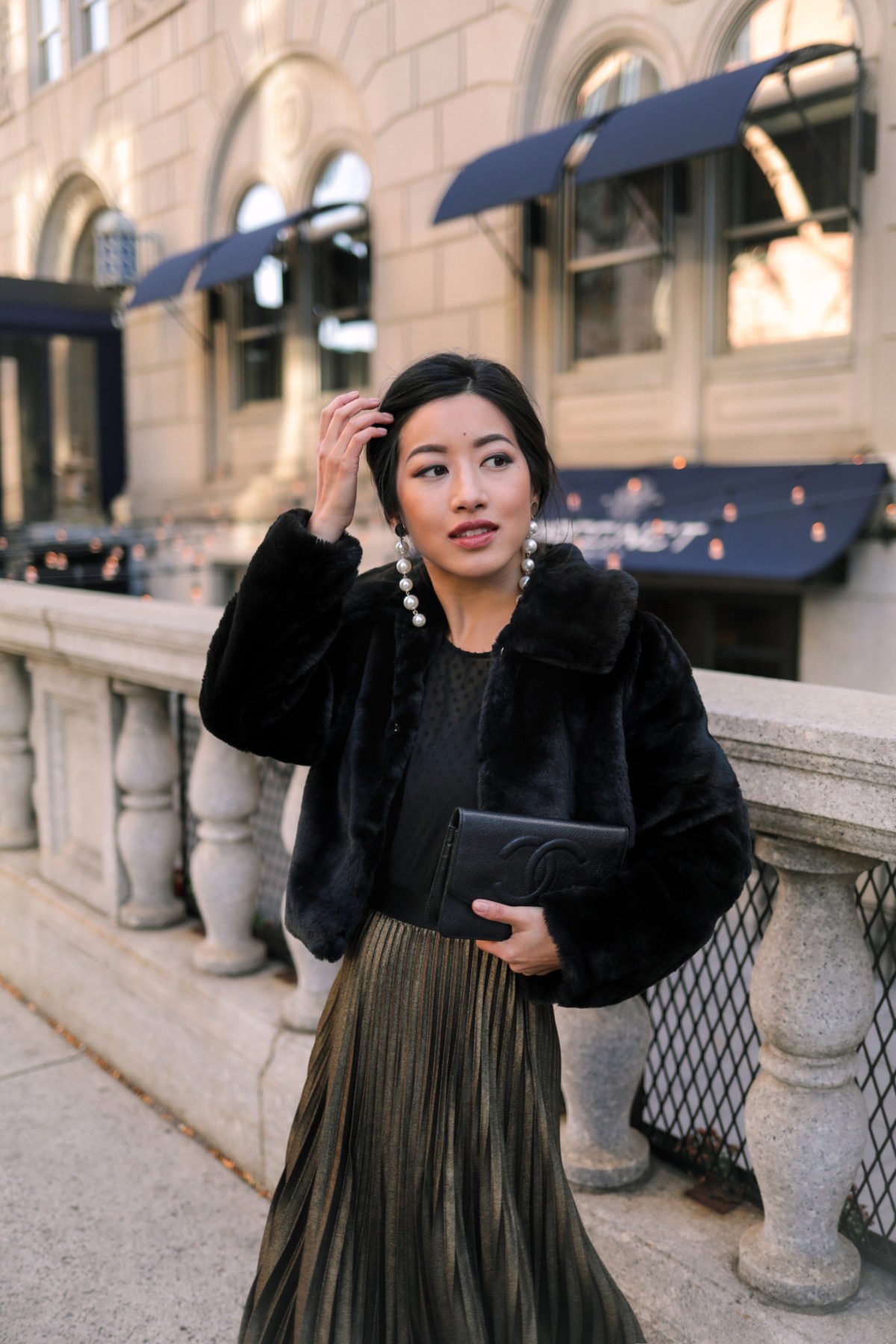 petite black short faux fur jacket