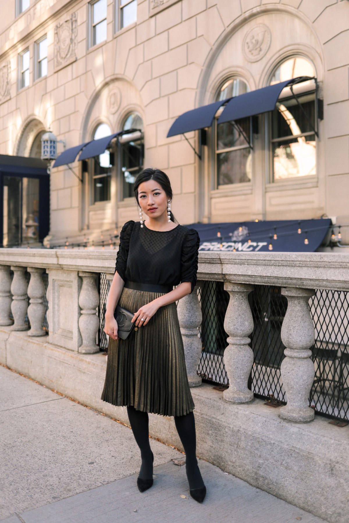 petite gold metallic pleated skirt holiday party