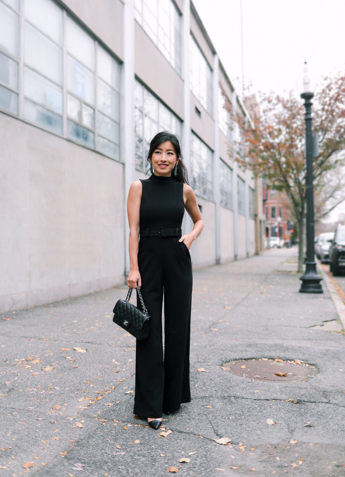 petite black jumpsuit holiday party outfit