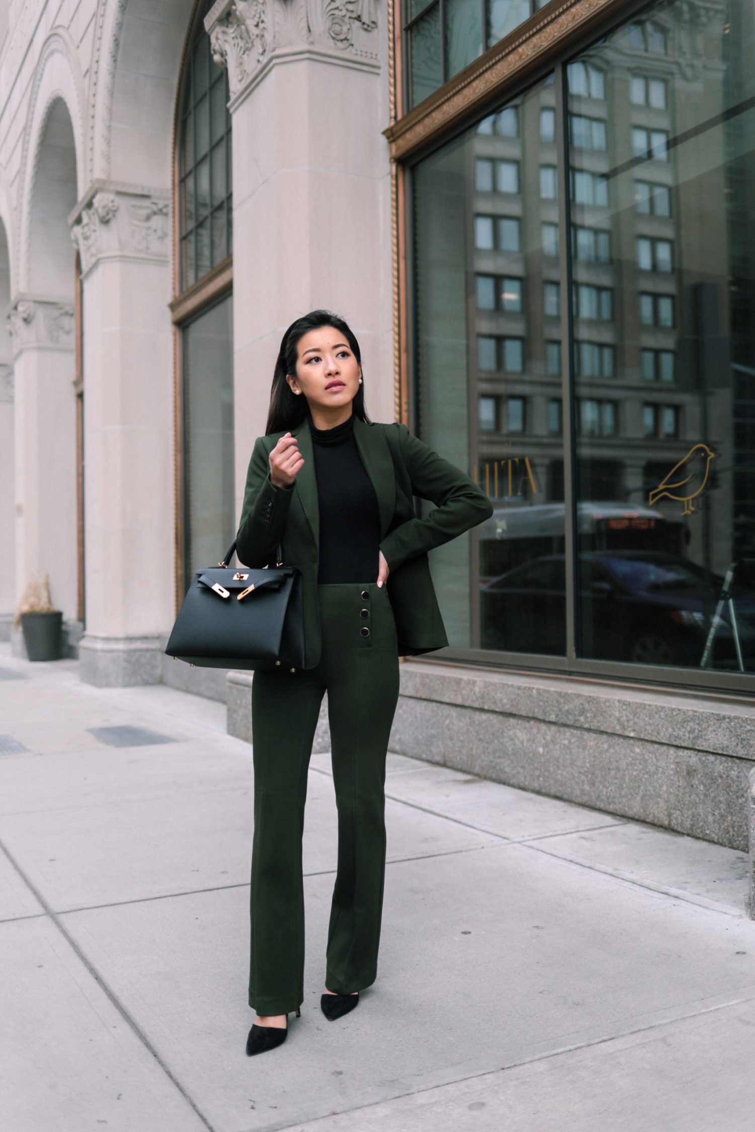 petite pant suit blazer winter outfit