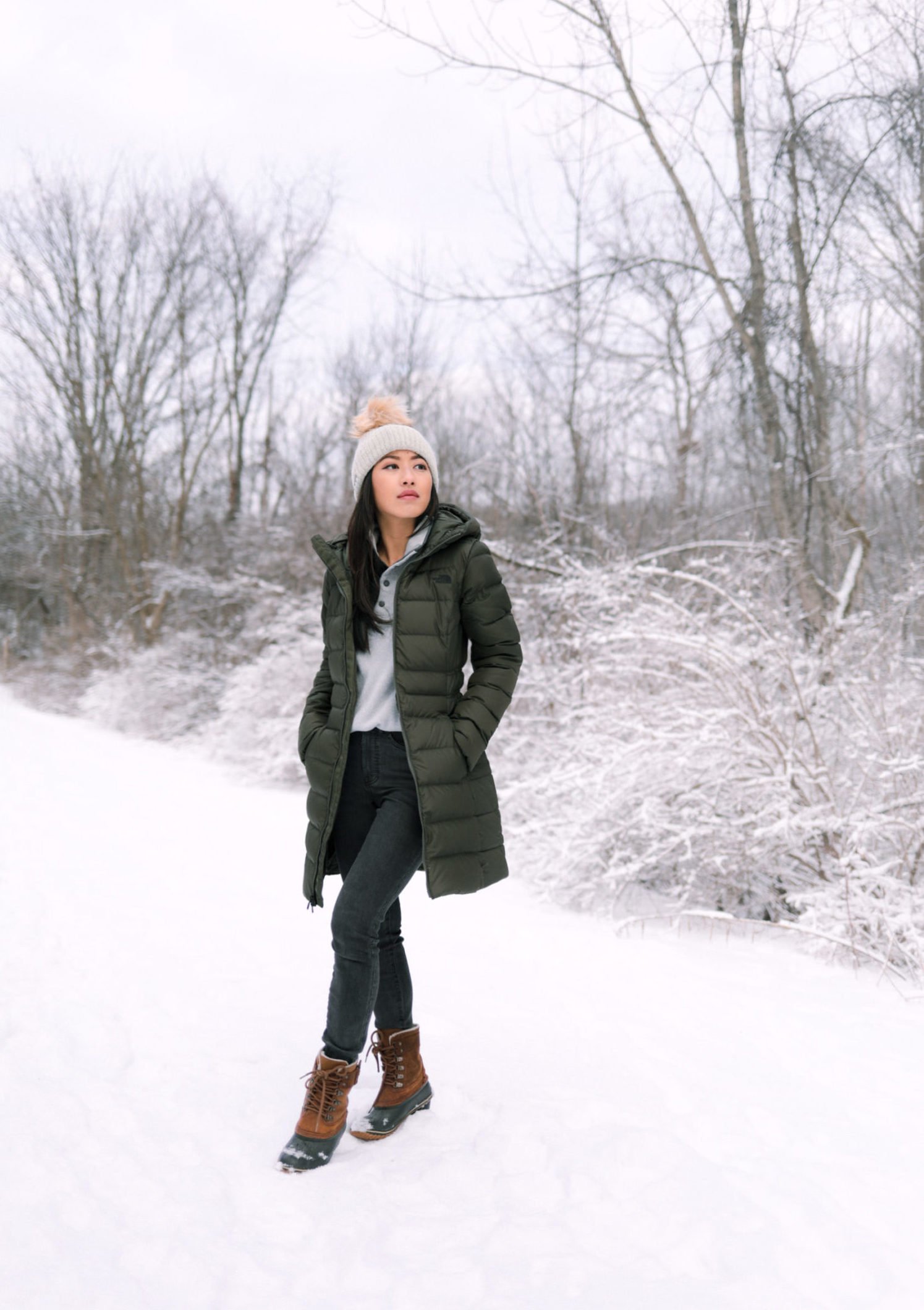 winter puffer coat and snow boots petite outfit