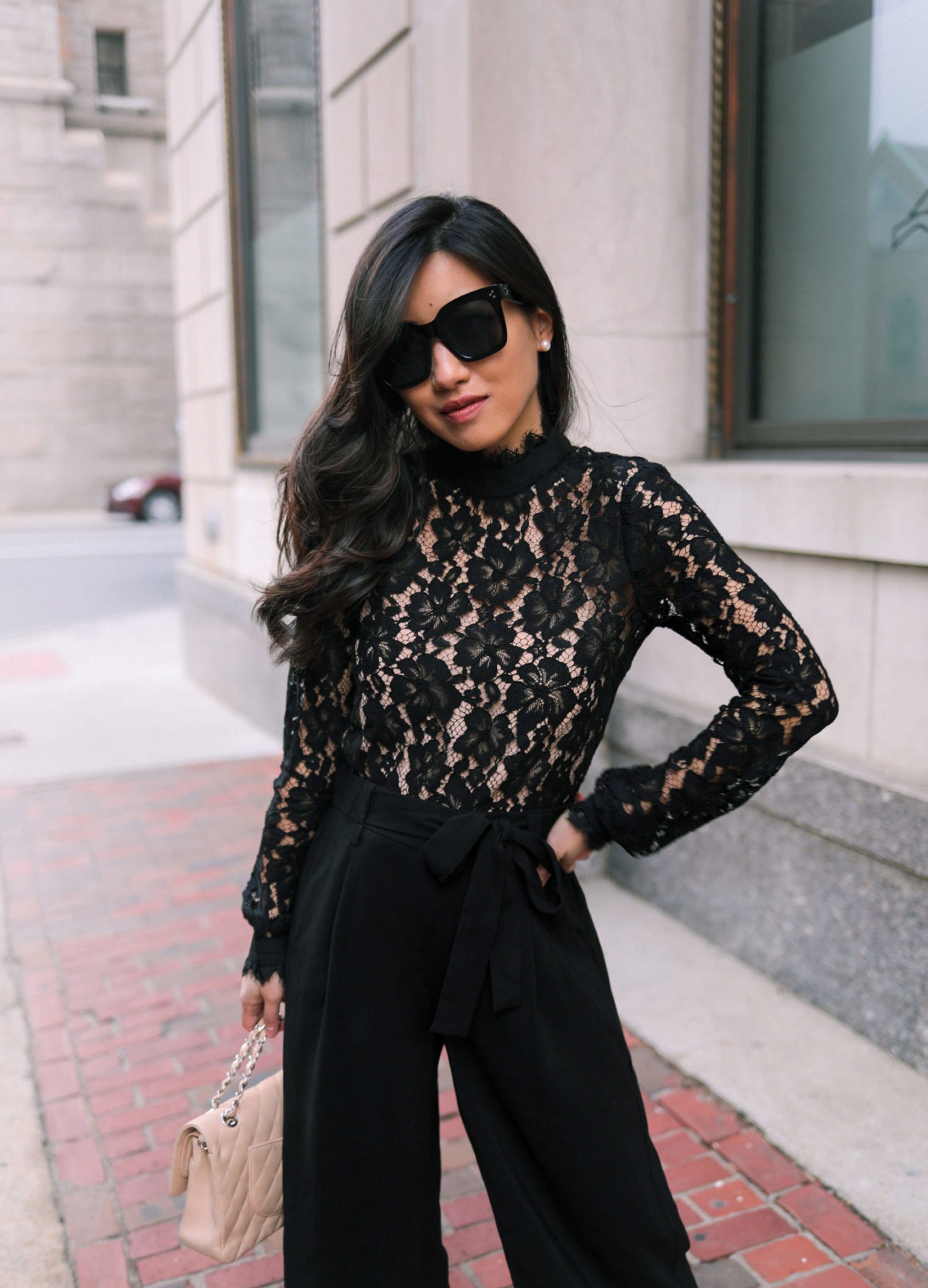 wayf black lace top date night outfit
