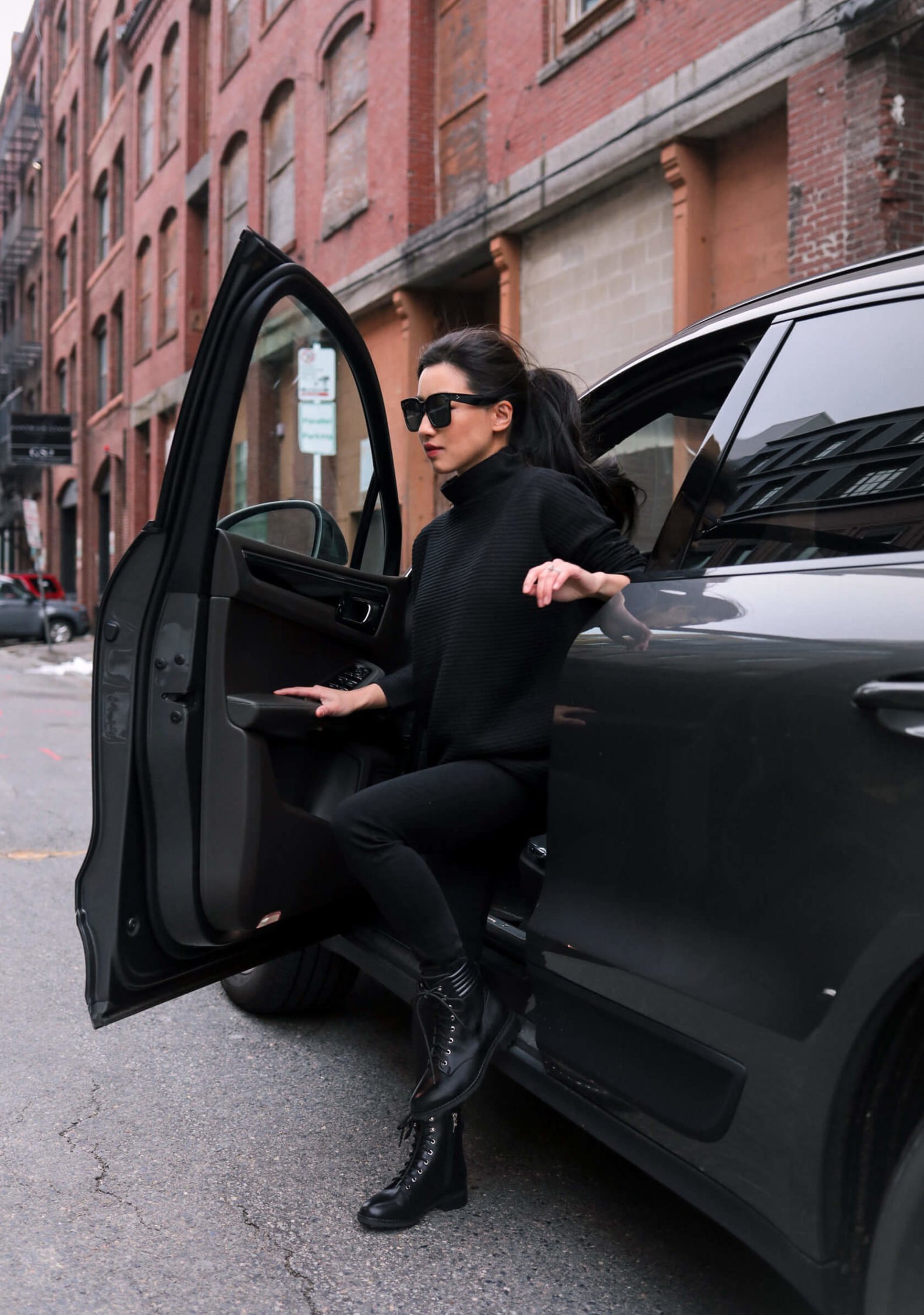 feminine sleek combat boot outfit