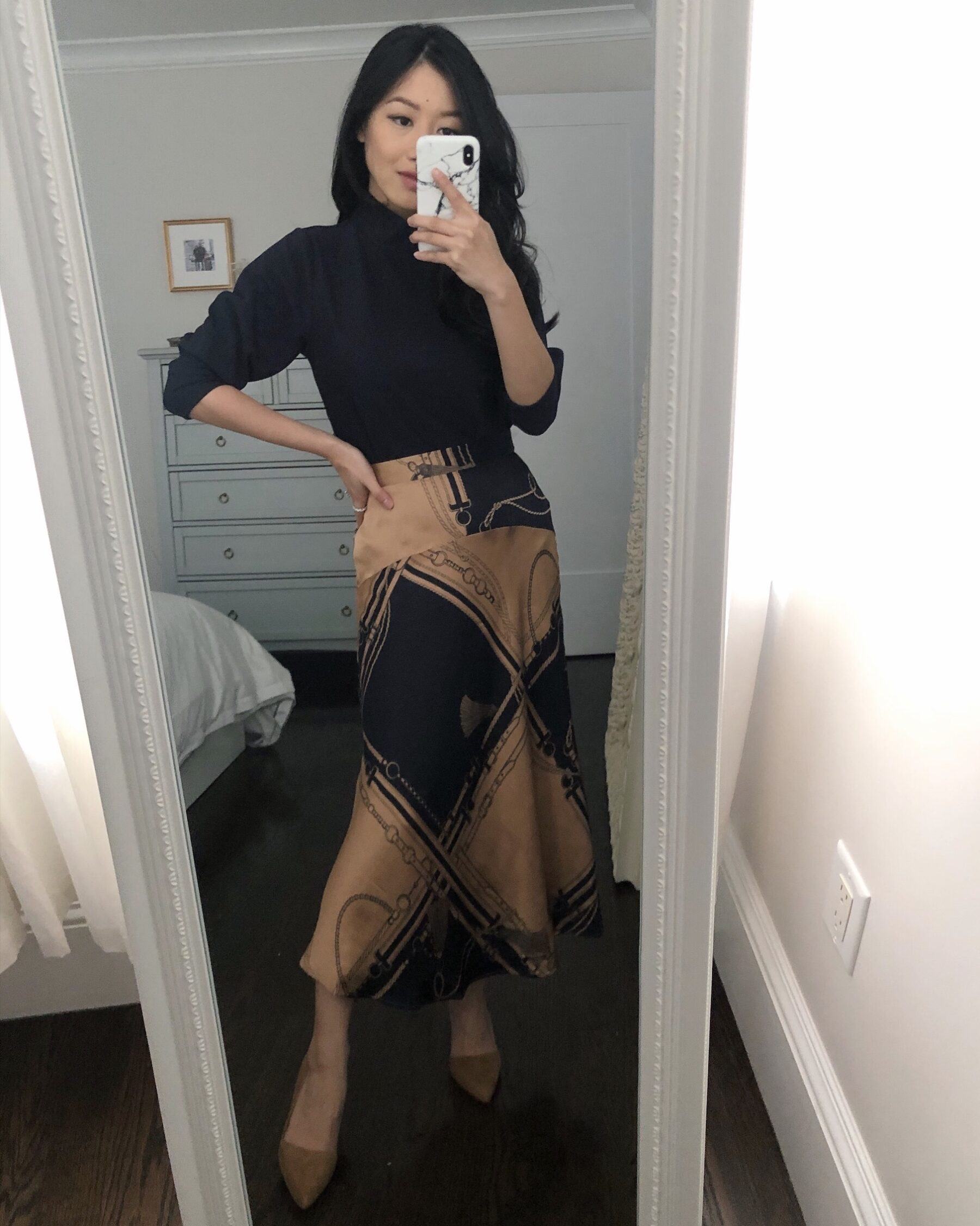 equestrian scarf print silk midi skirt petite