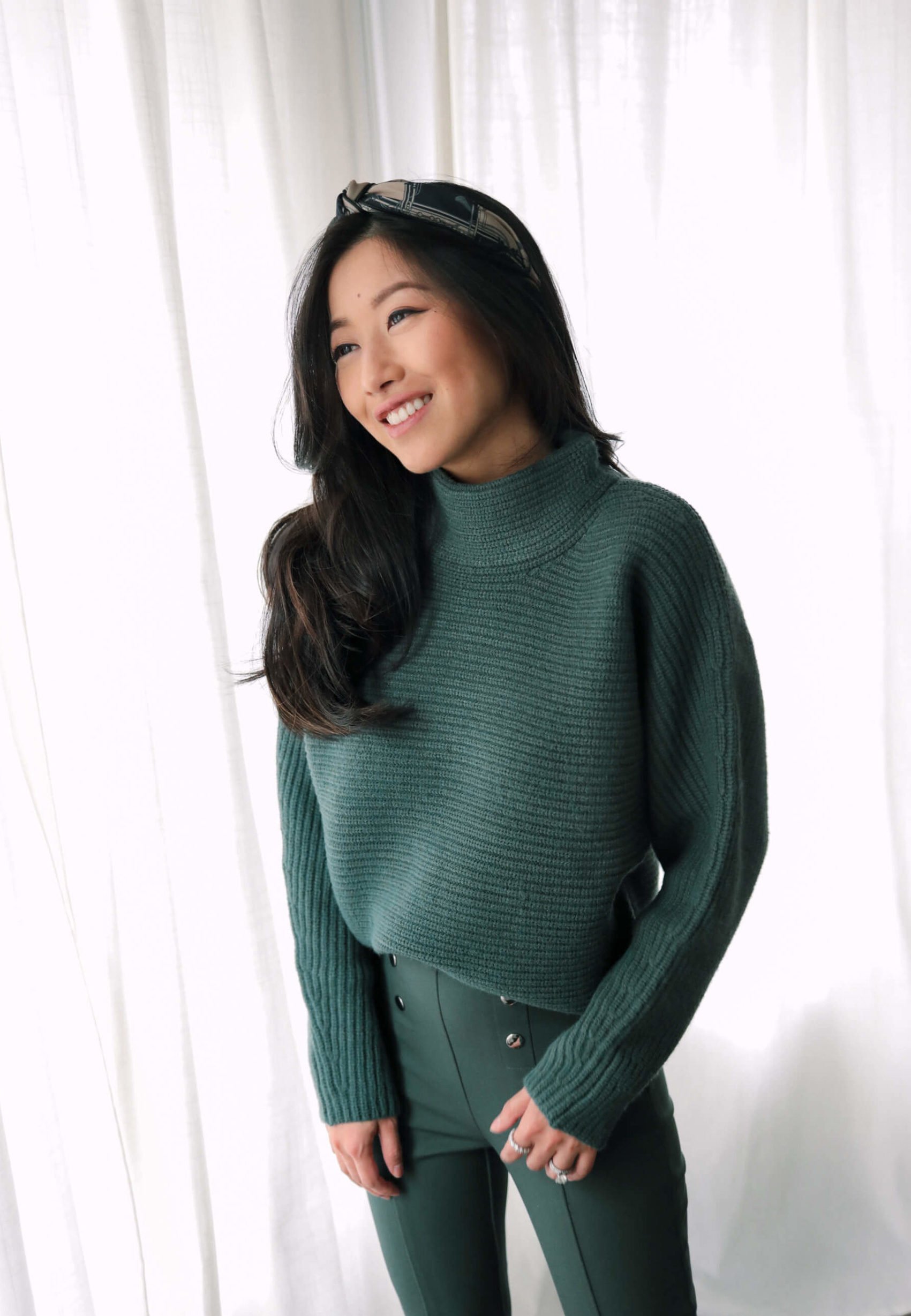 petite monochromatic teal outfit