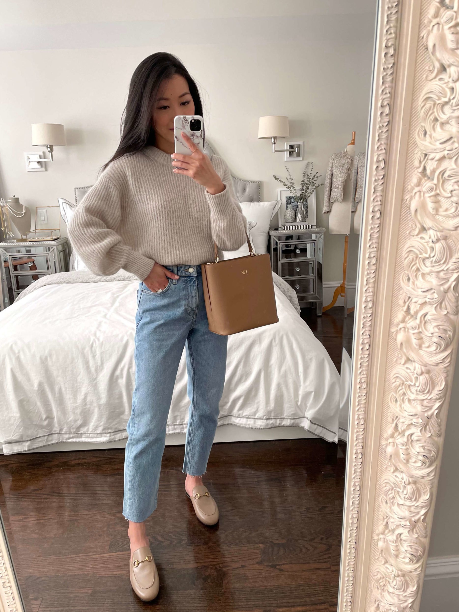 Gucci loafer mud everlane alpaca sweater petite spring outfit