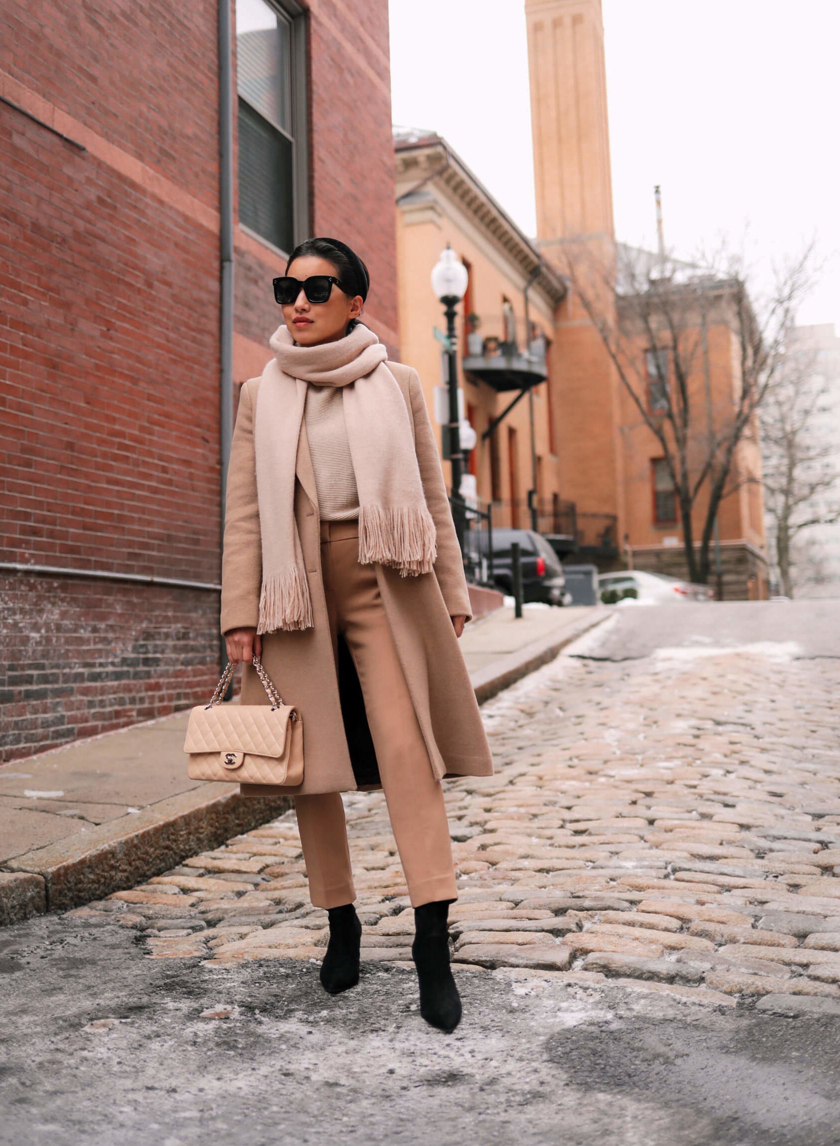 monochromatic camel coat outfit petite blogger