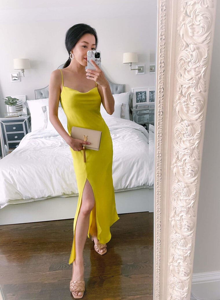 petite neon yellow slip dress black tie wedding outfit