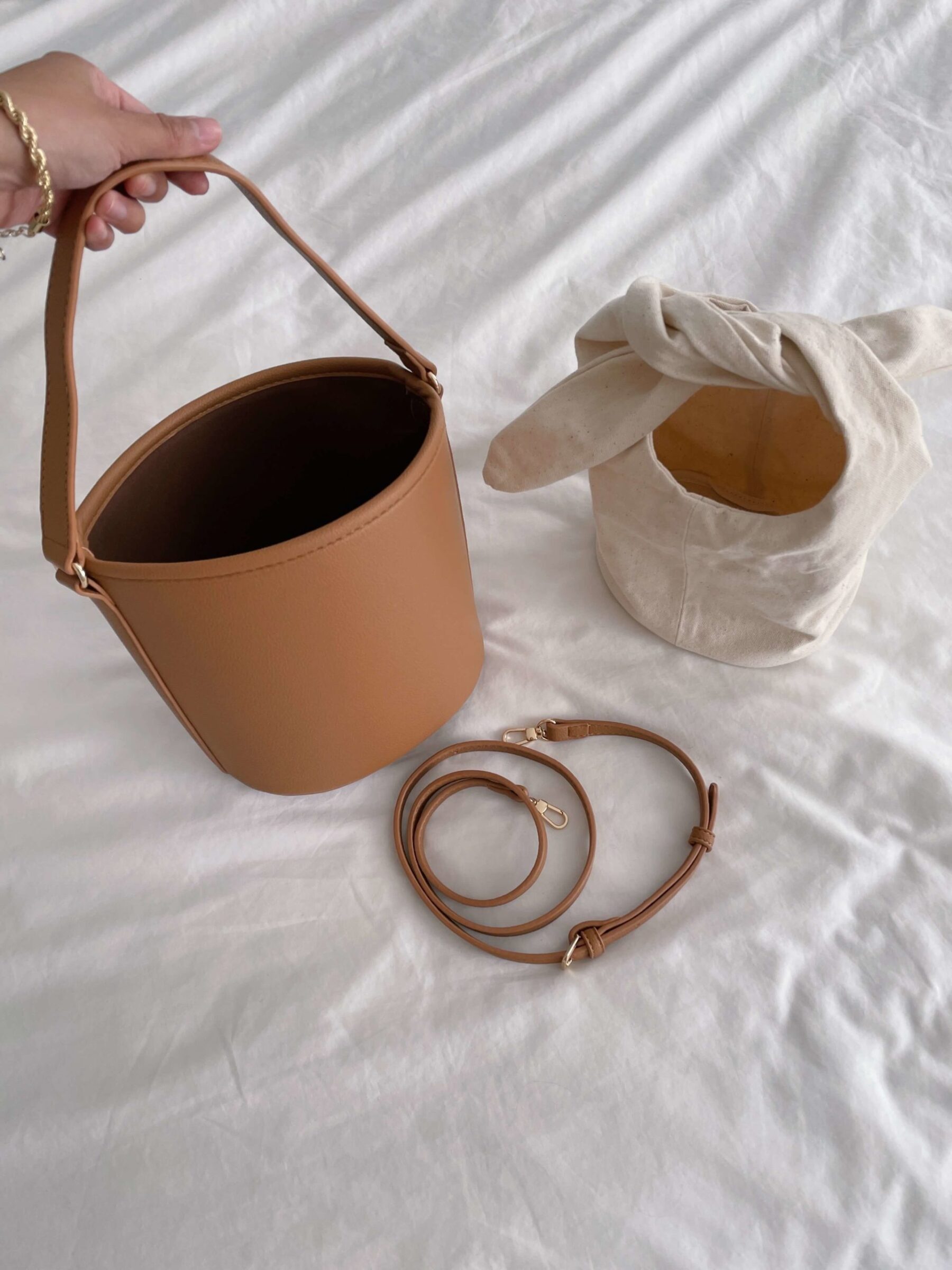 affordable camel bucket bag