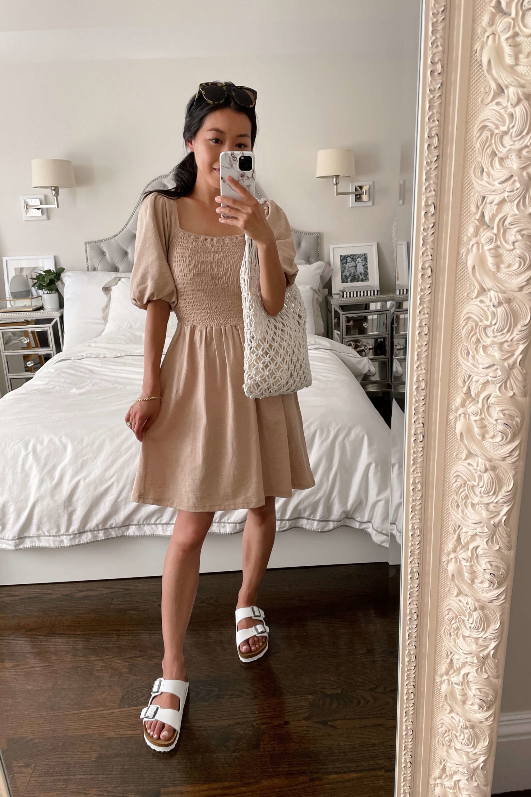 smocked dress white birkenstocks