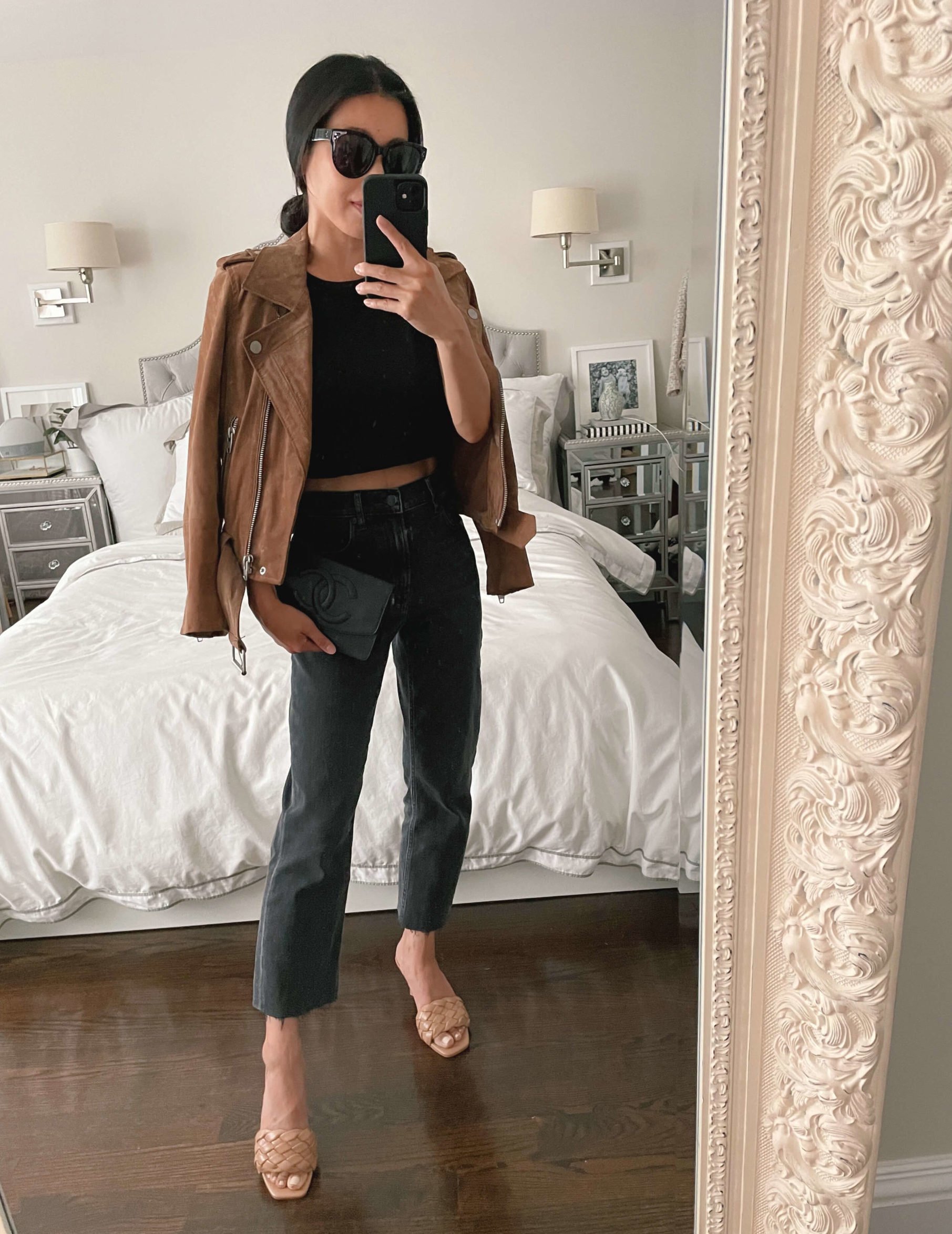 how to style straight leg jeans with moto jacket