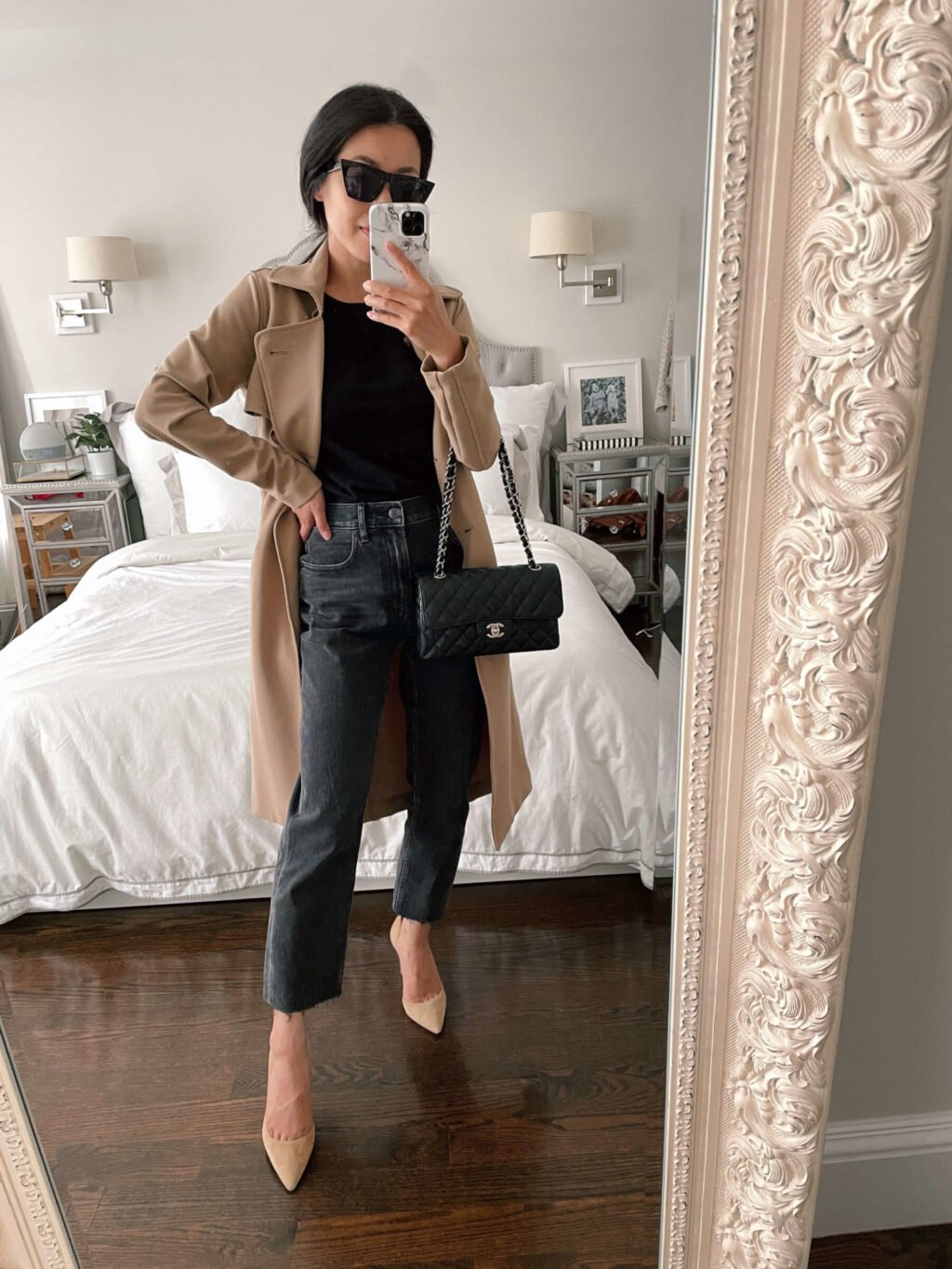 how to style straight leg jeans trench coat